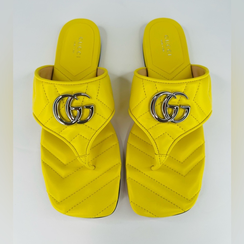 Gucci Marmont Double G Chevron GG Logo Yellow Thong Flat Sandals Size EU 37 - Picture 6 of 11